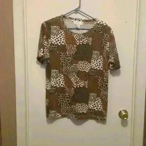 Lisa International Beaded Animal Print Patchwork Top - Size Small